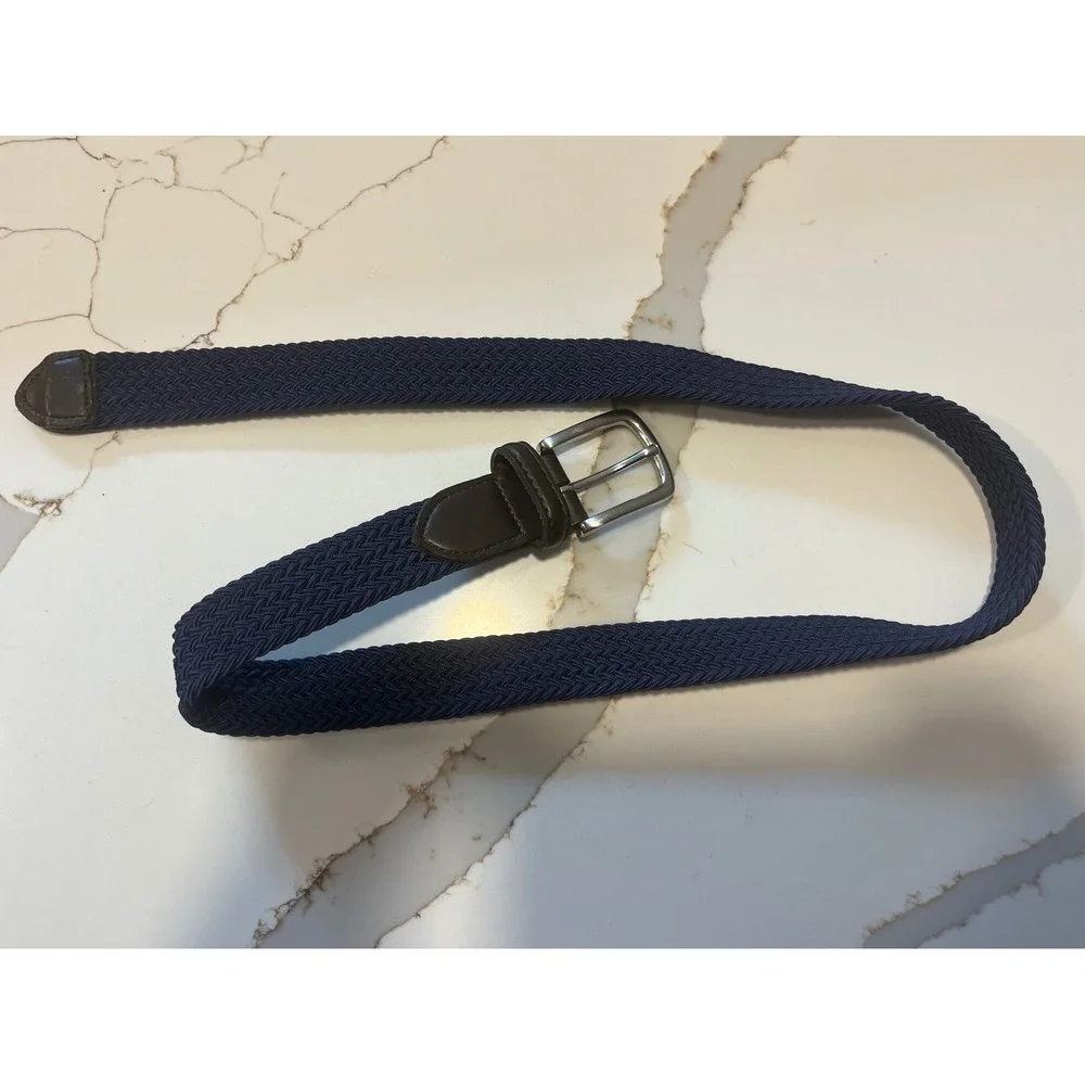 Jos A Bank Mens Navy Blue Braided Stretch Belt Brown Leather Trim Size L 30-32